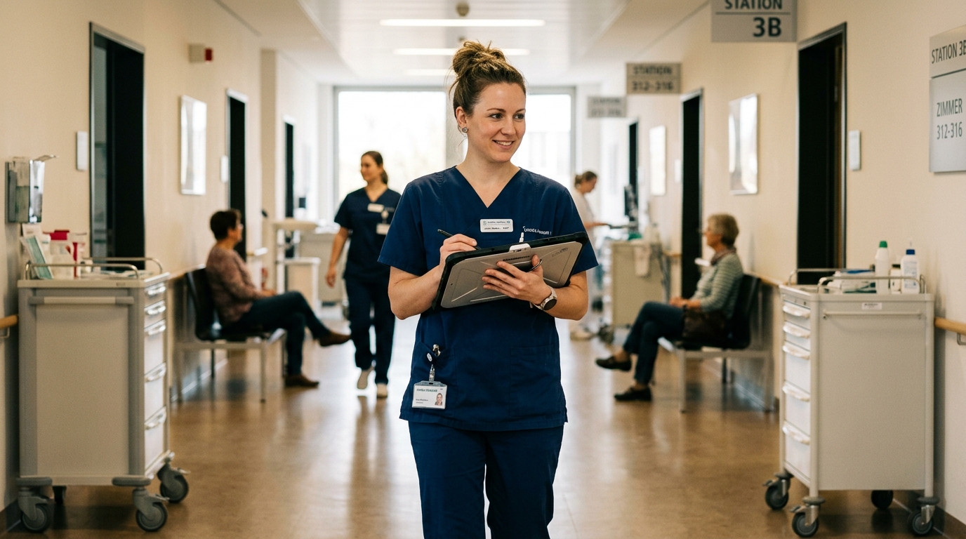 Pflegekraft im Klinikeinsatz mit sicherem Dienst-Tablet
